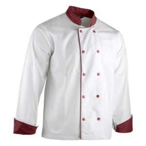 229- veste cuisine PC ML UNISEXE - BLANC/BORDEAUX